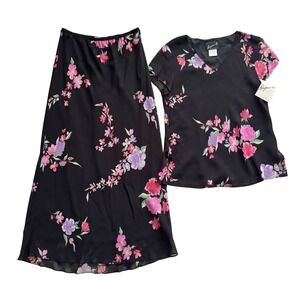 Vintage Y2K Benjamin A Floral Skirt Top Set Black Size 8 10 12 Maxi 90s NWT